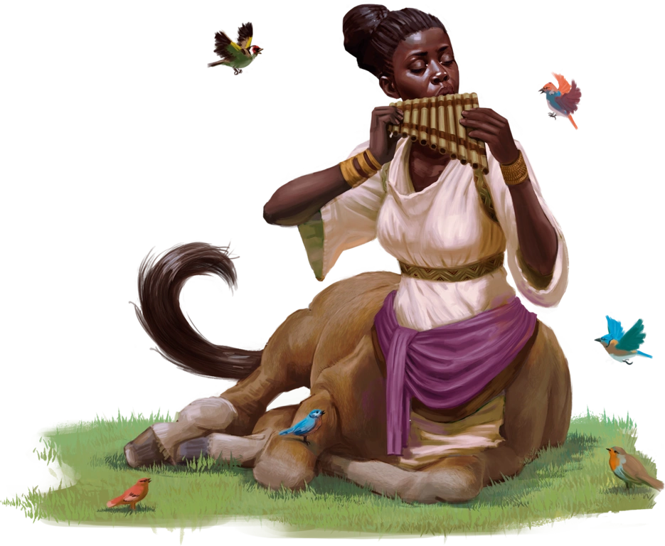 A centaur bard lounges on the ground while playing a pan flute