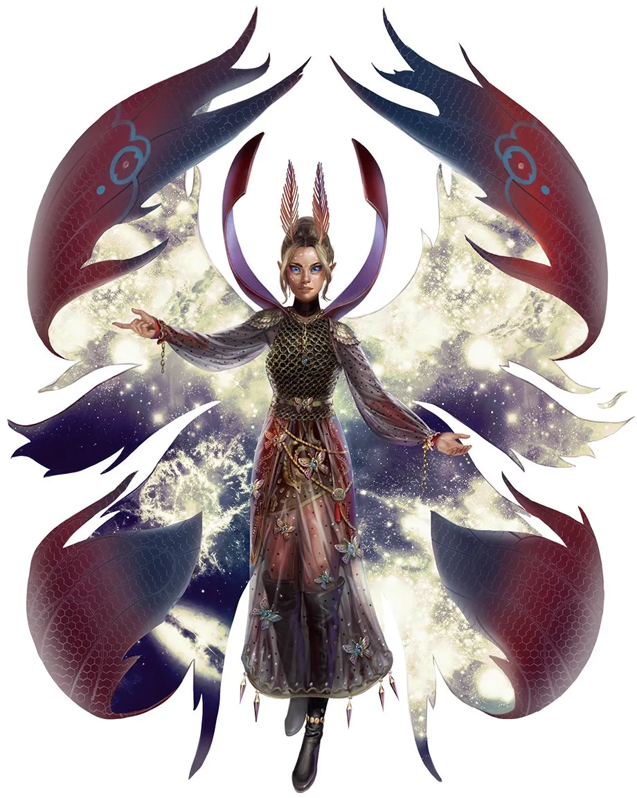 This small fey sprite resembles a tiny humanoid woman with enormous glowing wings and a pair of moth antennae. She looks vibrant and magical