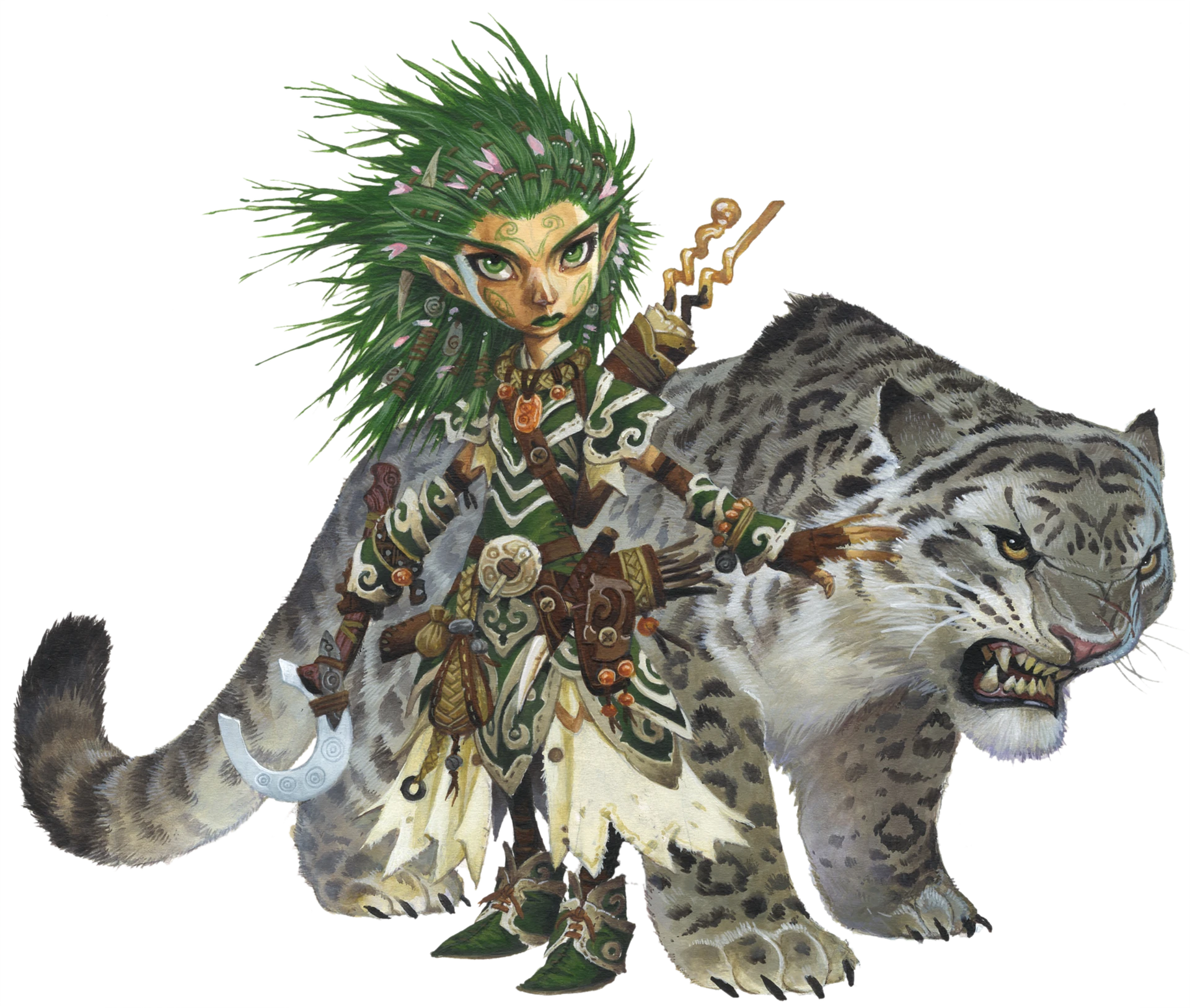 Lini, iconic gnome druid, and her snow leopard animal companion Droogami