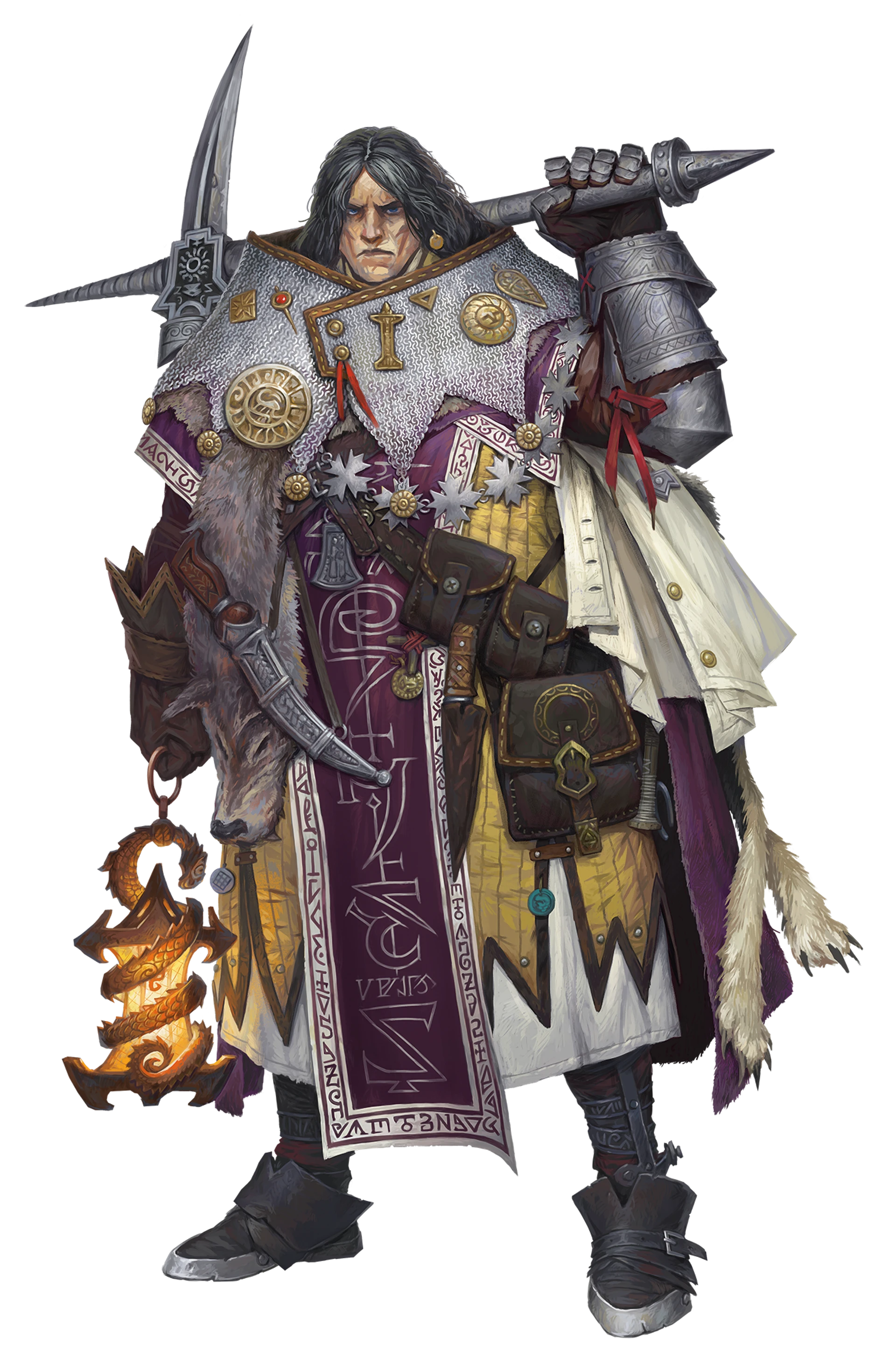 Mios Uriev, the iconic thaumaturge, heavily layered in armor and regalia, holds a lantern and a pick